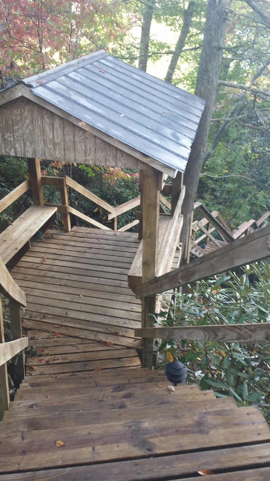 Metal roofed shelter over wooden steps on a wooded walkway — Skylight Repair & Installation work by our crew in Radcliffe